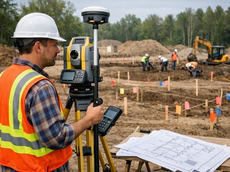 Construction staking surveyor marking a commercial construction site with layout stakes and surveying equipment