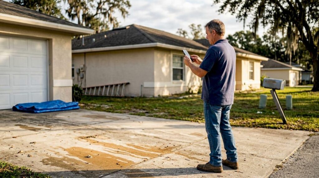 Homeowner reviewing an elevation certificate outside a residential property before storm season 