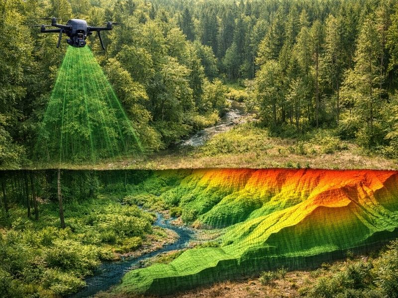 Drone performing LiDAR mapping over forest land with terrain elevation data revealing hidden ground contours beneath vegetation