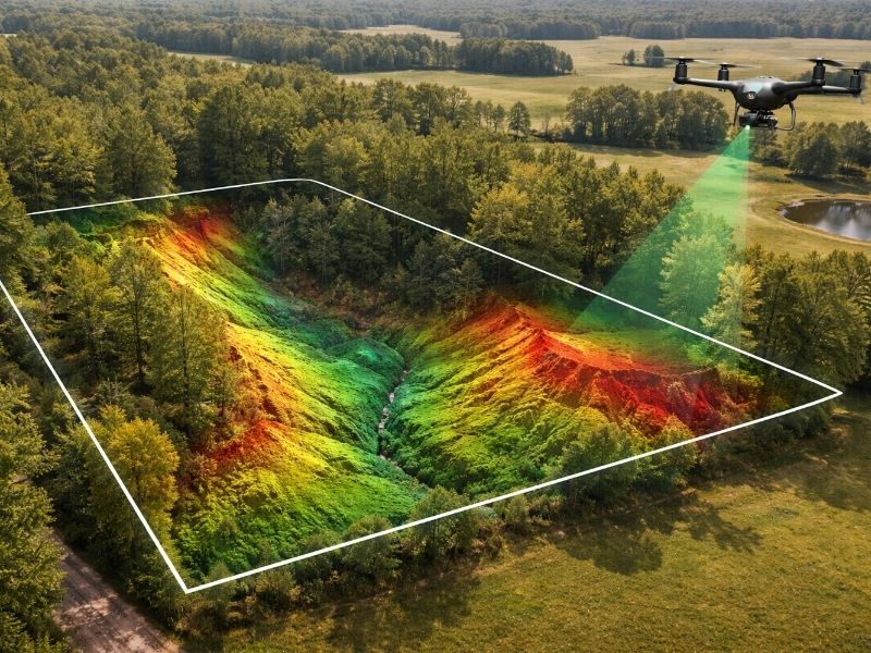 Drone performing LiDAR mapping over rural land with terrain elevation analysis revealing hidden contours and drainage features