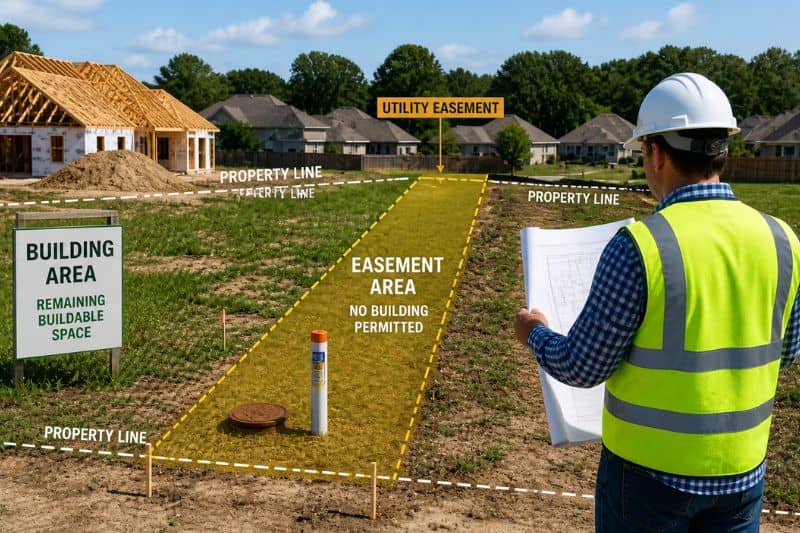 Construction site showing property layout with easement area and boundary lines marked to illustrate how easements affect building plans and land use decisions