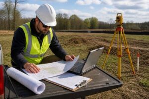Land surveyor reviewing plans and permit documents on a construction site using a laptop to ensure accurate survey planning and avoid project delays