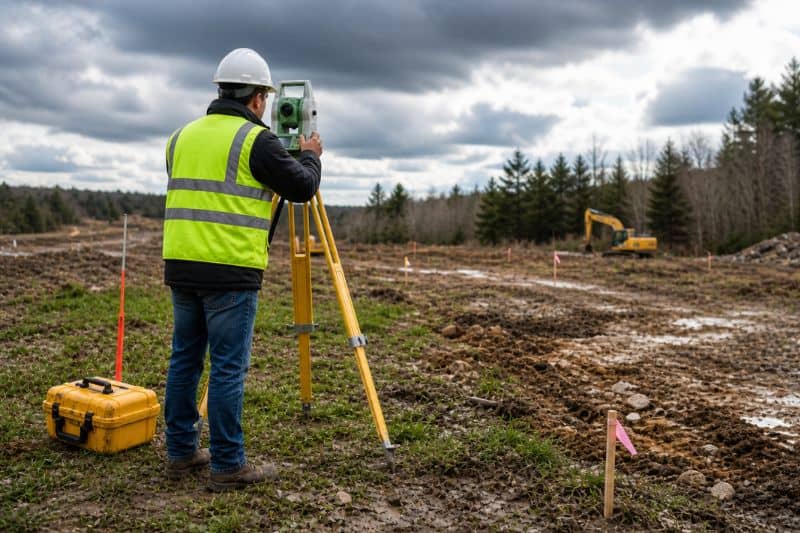 Land surveyor working on muddy and uneven terrain using surveying equipment showing how site conditions and weather can delay land survey projects