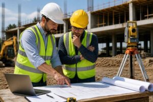 Engineer reviewing construction plans and survey data on a site layout at a construction site to ensure accuracy and prevent project delays