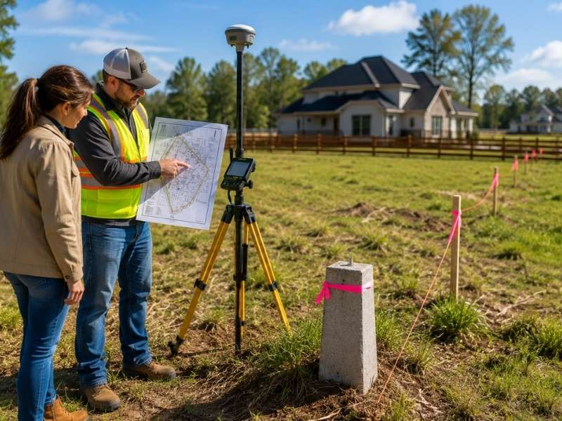 Land surveyors help a new land buyer understand property lines, boundary markers, and lot conditions before purchasing land.