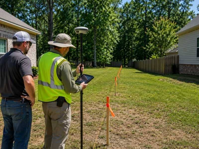 Land surveyors Dothan AL marking a property boundary with stakes while coordinating with a fence contractor before installation.