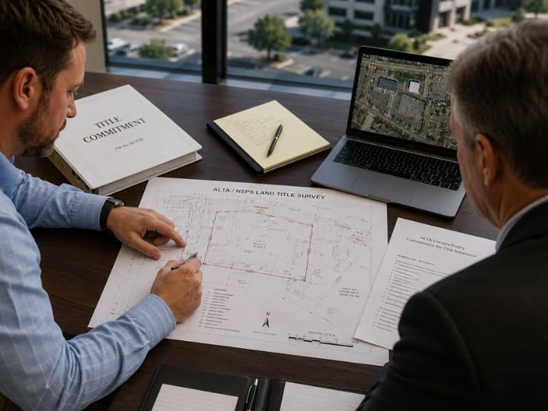 ALTA land title survey reviewed with title commitment and commercial property documents during due diligence before closing