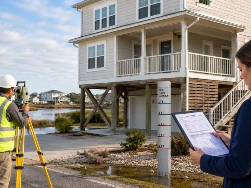 Land surveyor measuring an elevated home for an elevation certificate while flood insurance paperwork is reviewed.