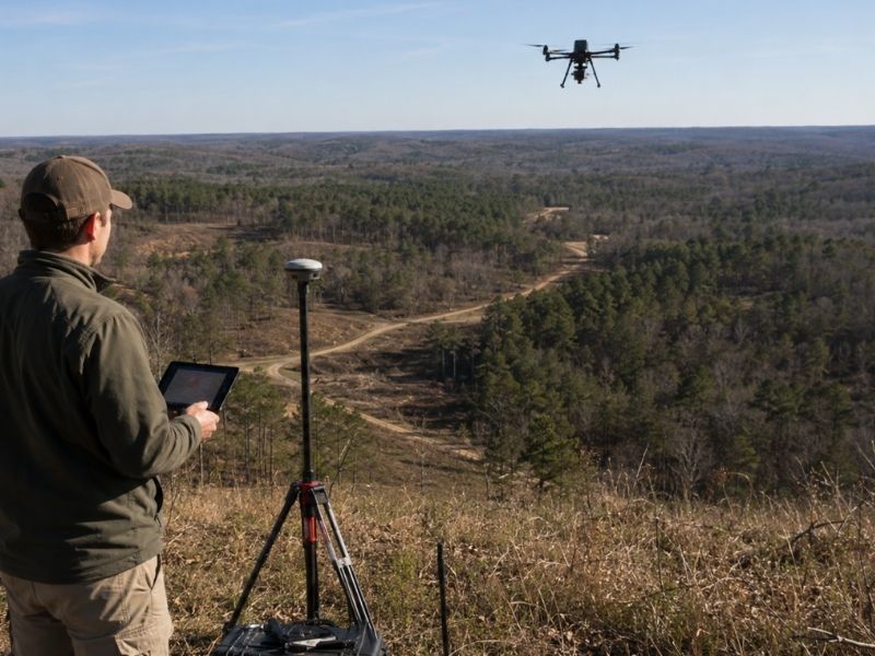 Land surveyor using drone LiDAR mapping for comparing access routes across large acreage