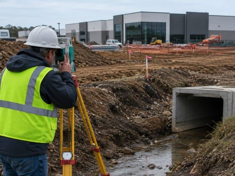 Surveyor documenting drainage and utility changes at a commercial construction site using a total station.