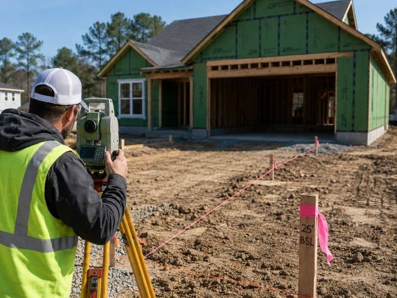 Surveyor performing a construction survey at a new home site in Dothan, Alabama