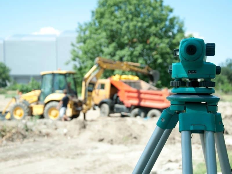 Construction staking equipment at a residential construction site in Dothan, Alabama.